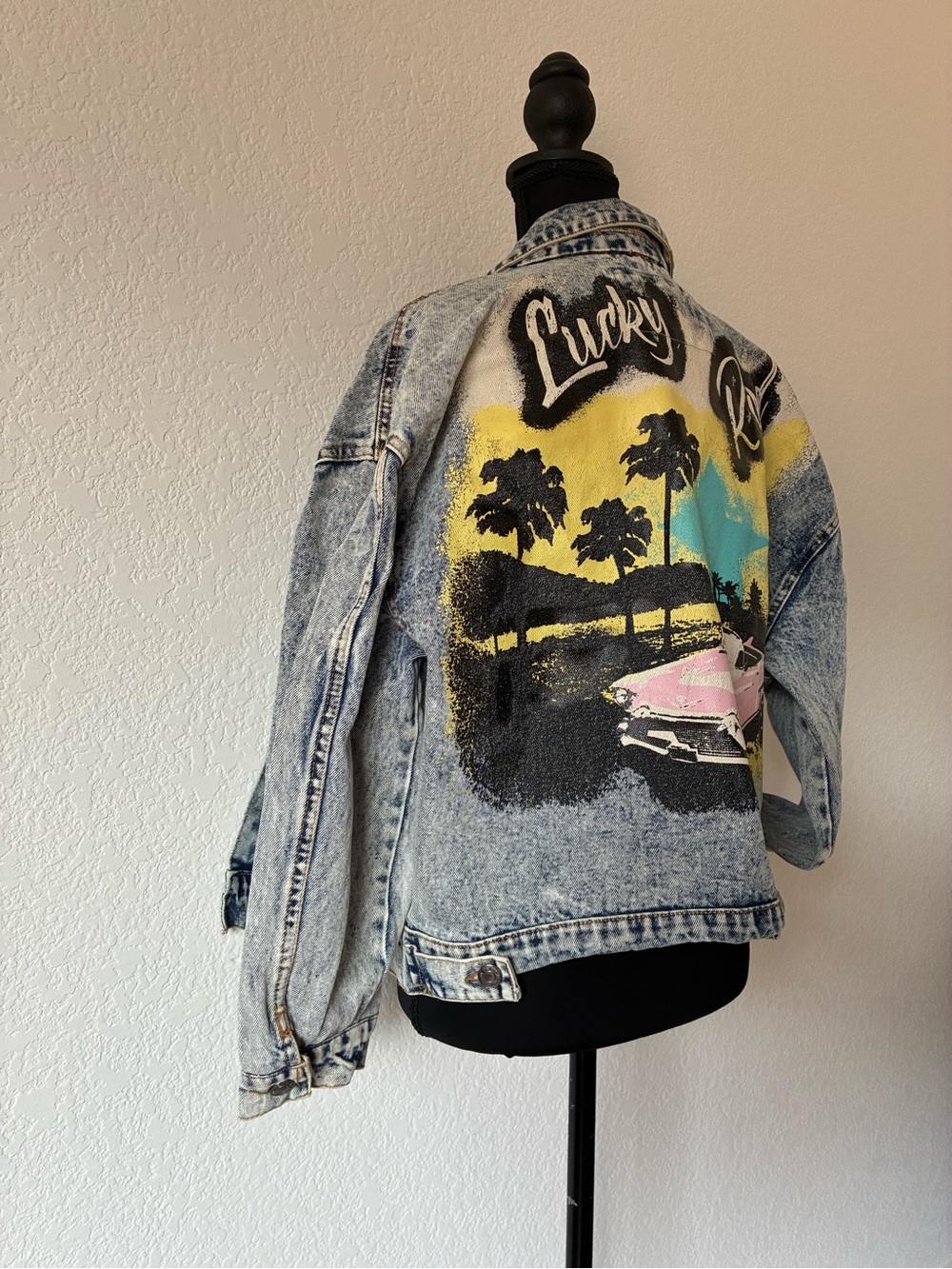 Hot Rod Painted Acid Wash Denim Trucker Jacket Rockabilly Punk LA Scene - Picture 4 of 5